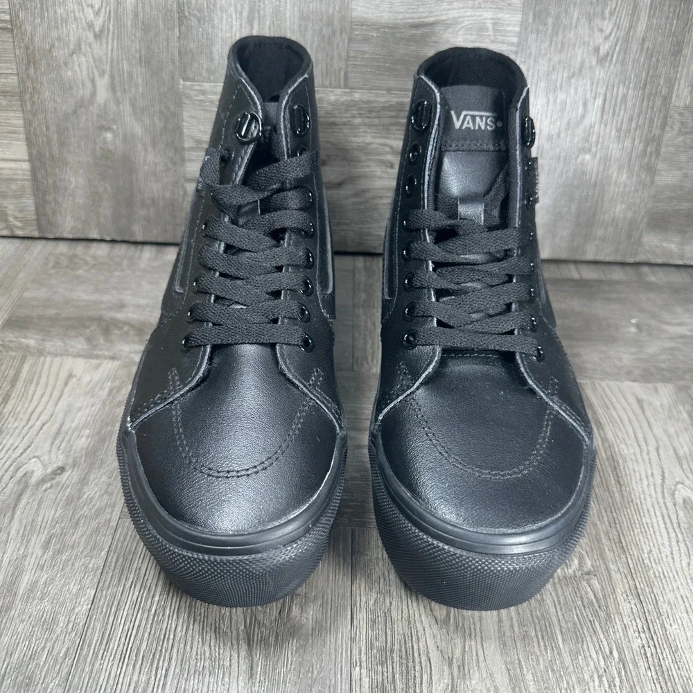 Vans Sk8-Hi Stacked Womens 6 Black Leather Platform High Top Sneakers NEW